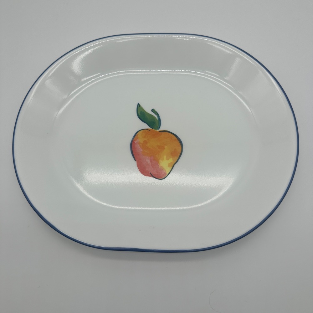 Corelle Fruit Basket Oval Platter 12 inch Blue Rim Peach Apple Vintage